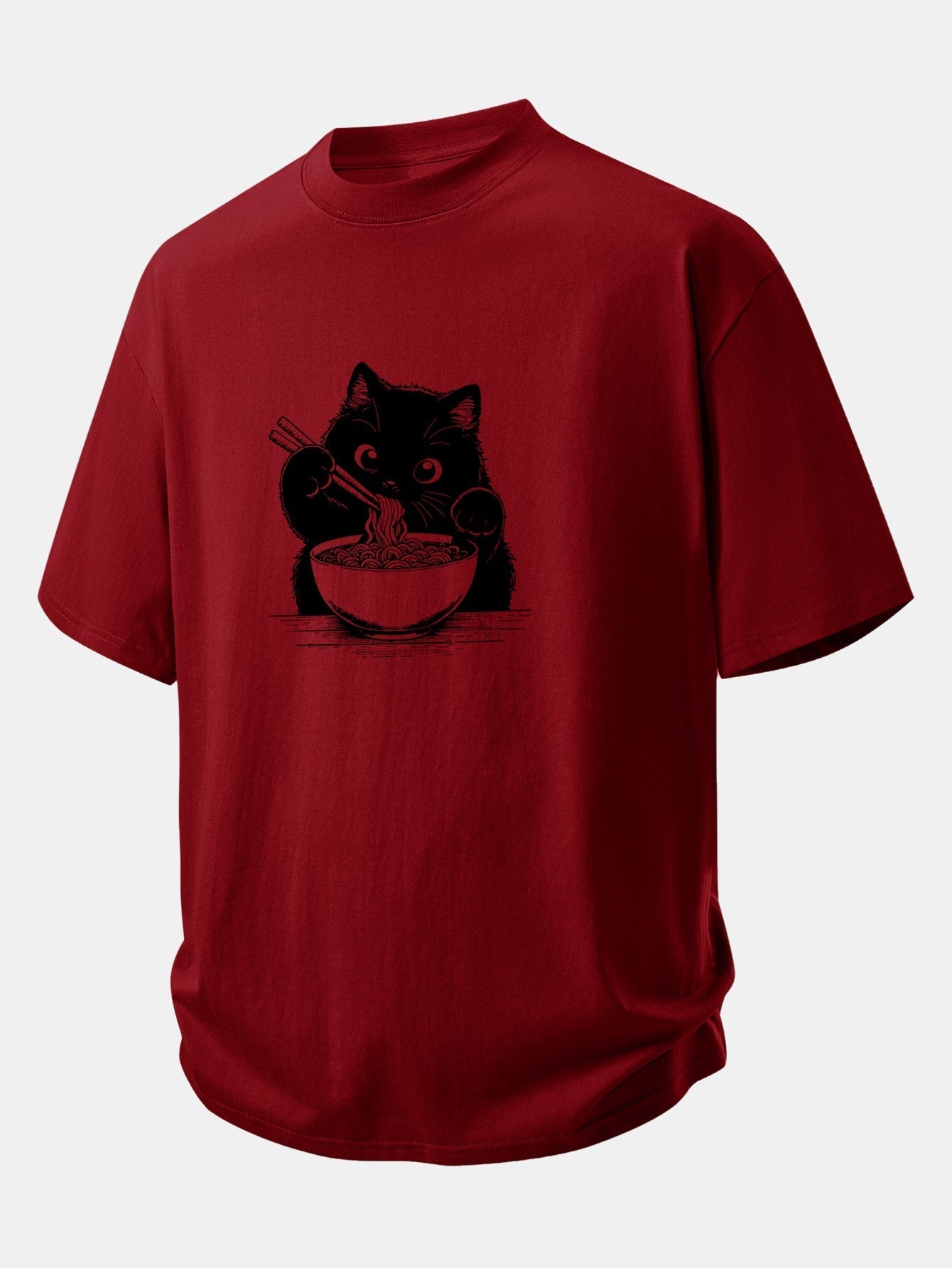 Comfortable Black Cat Ramen Graphic Cotton T-Shirt