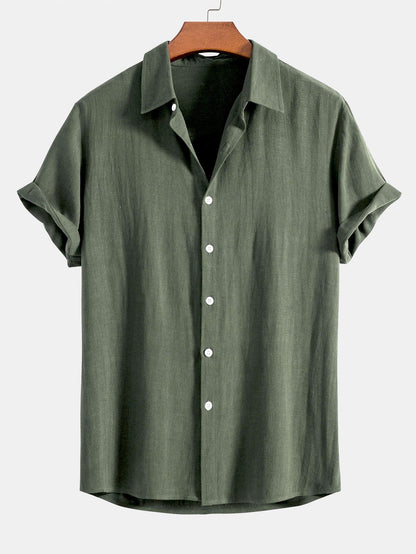 Linen-Rayon Blend Button-Up Shirt with Crinkle Textured 5" Drawstring Shorts