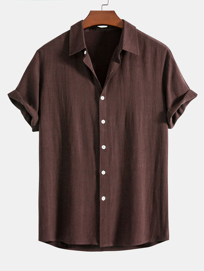Linen-Rayon Blend Button-Up Shirt with Crinkle Textured 5" Drawstring Shorts