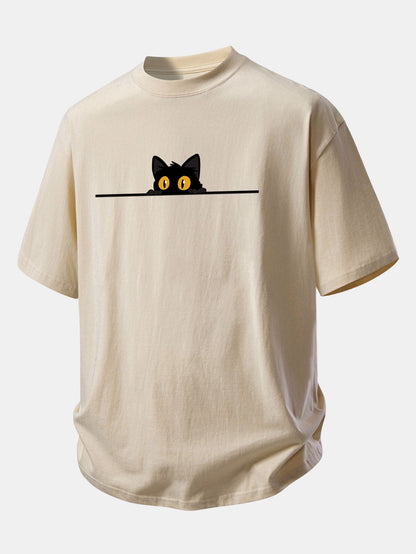 Comfortable Black Cat Print Cotton Tee