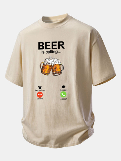 Comfortable Cotton T-Shirt with 'Beer Is Calling' Print