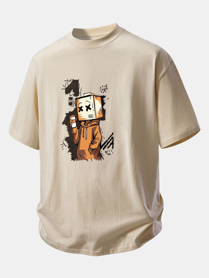 Comfortable Cartoon Box Head Graphic Cotton T-Shirt