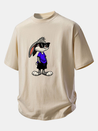 Relaxed Fit Cotton T-Shirt with Rabbit Print Sunglasses Design