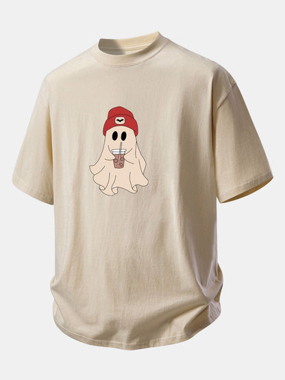 Comfortable Red Ghost Print Cotton T-Shirt