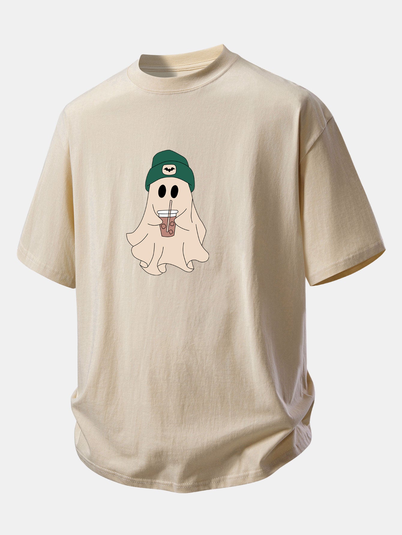 Relaxed Fit Dark Green Ghost Print Cotton T-Shirt