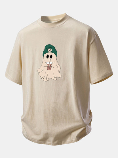 Relaxed Fit Dark Green Ghost Print Cotton T-Shirt