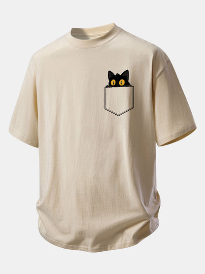 Relaxed Fit Cotton T-Shirt with Black Cat Print and Pockets