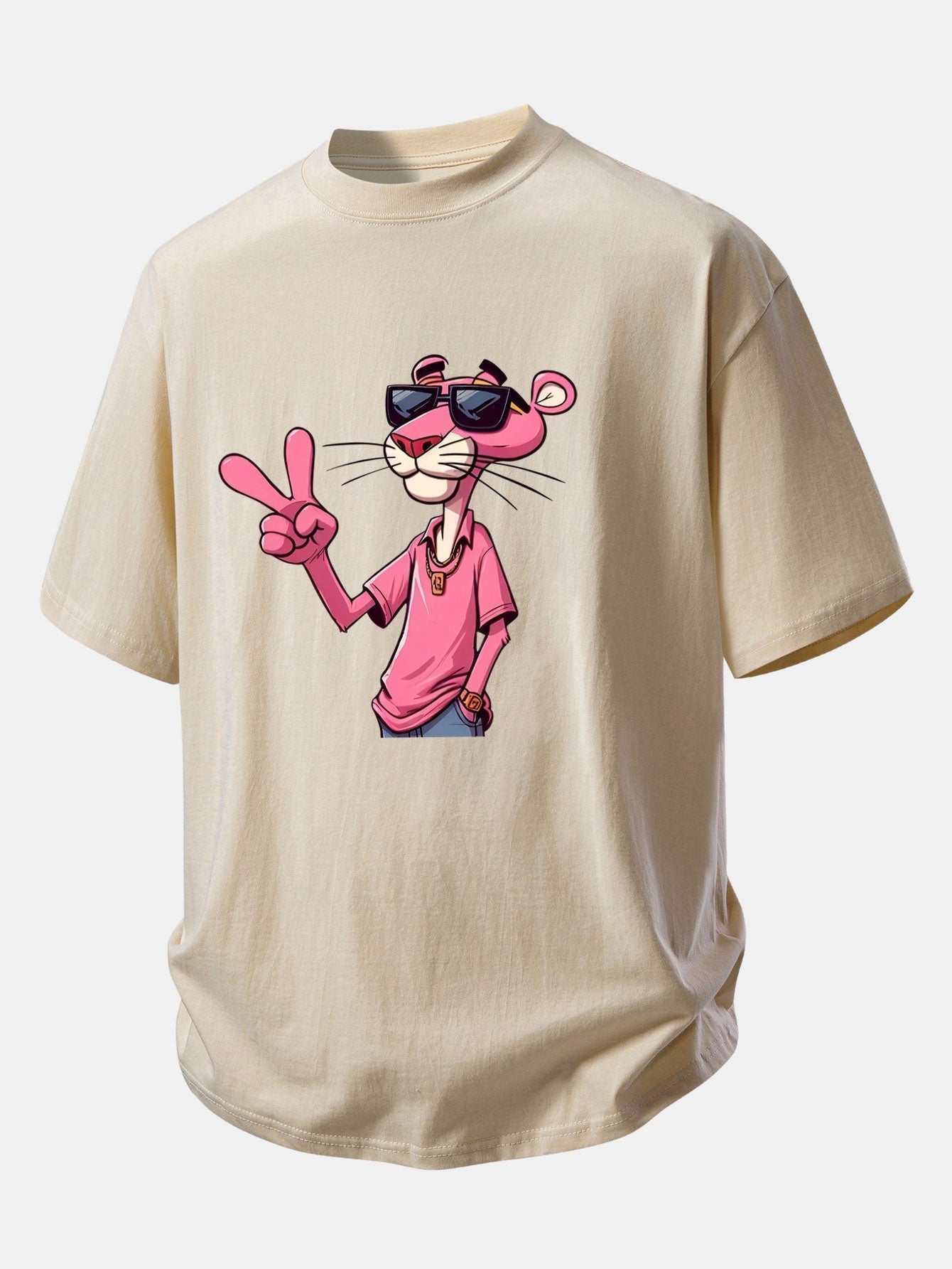 Relaxed Fit Cotton T-Shirt Featuring Pink Panther and V Sign Print