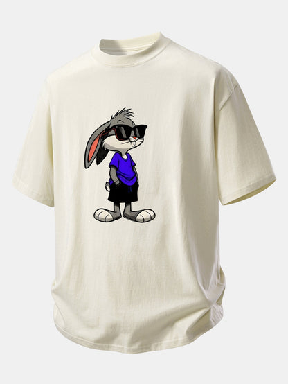 Relaxed Fit Cotton T-Shirt with Rabbit Print Sunglasses Design