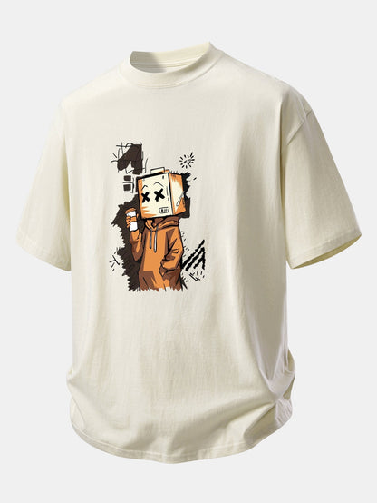 Comfortable Cartoon Box Head Graphic Cotton T-Shirt