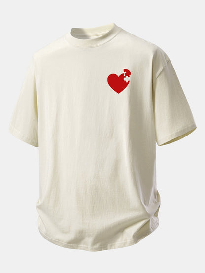 Comfortable Heart Puzzle Print Cotton Tee