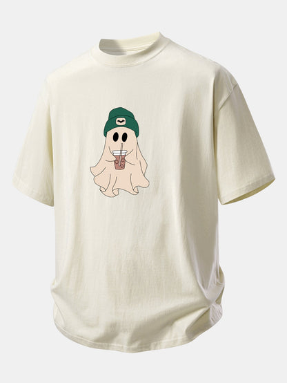 Relaxed Fit Dark Green Ghost Print Cotton T-Shirt