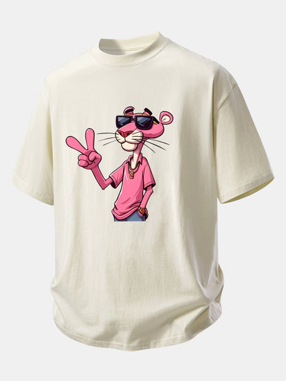 Relaxed Fit Cotton T-Shirt Featuring Pink Panther and V Sign Print