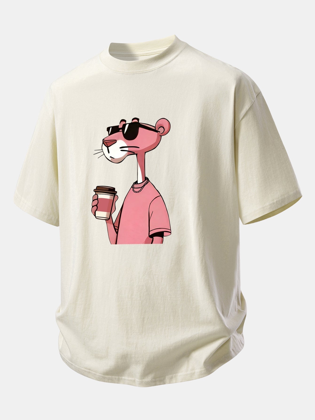 Casual Fit Pink Panther Coffee Print Cotton Tee