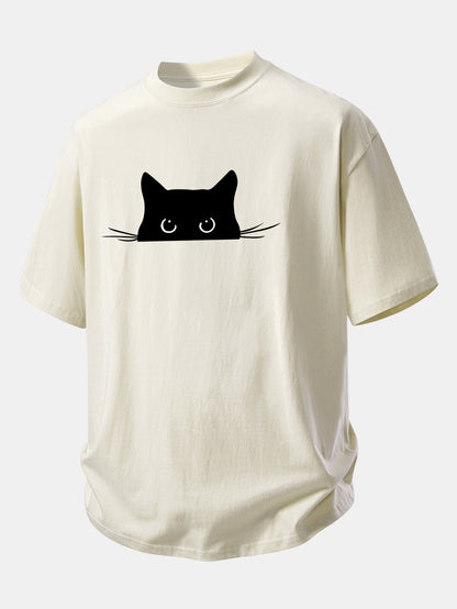 Comfortable Black Cat Print Cotton Tee