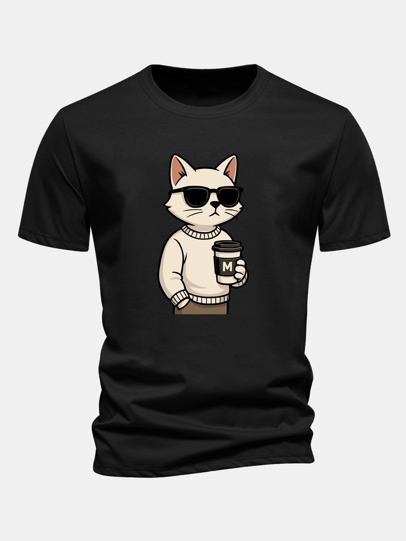 Classic Fit Cotton T-Shirt with Cat Coffee Print