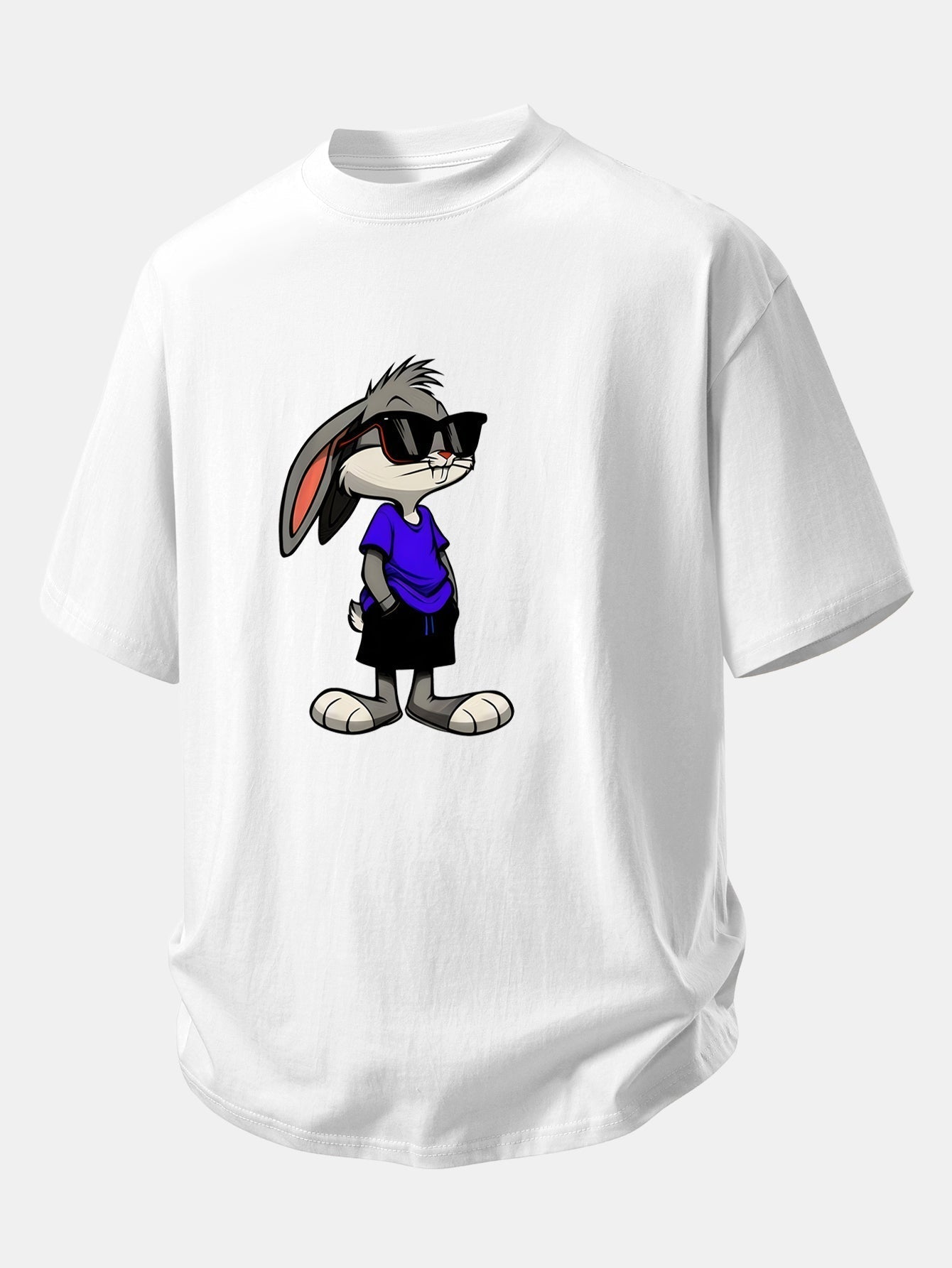 Relaxed Fit Cotton T-Shirt with Rabbit Print Sunglasses Design