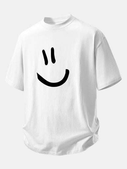 Comfortable Smiley Face Cotton T-Shirt & 7" Cotton Drawstring Shorts Set