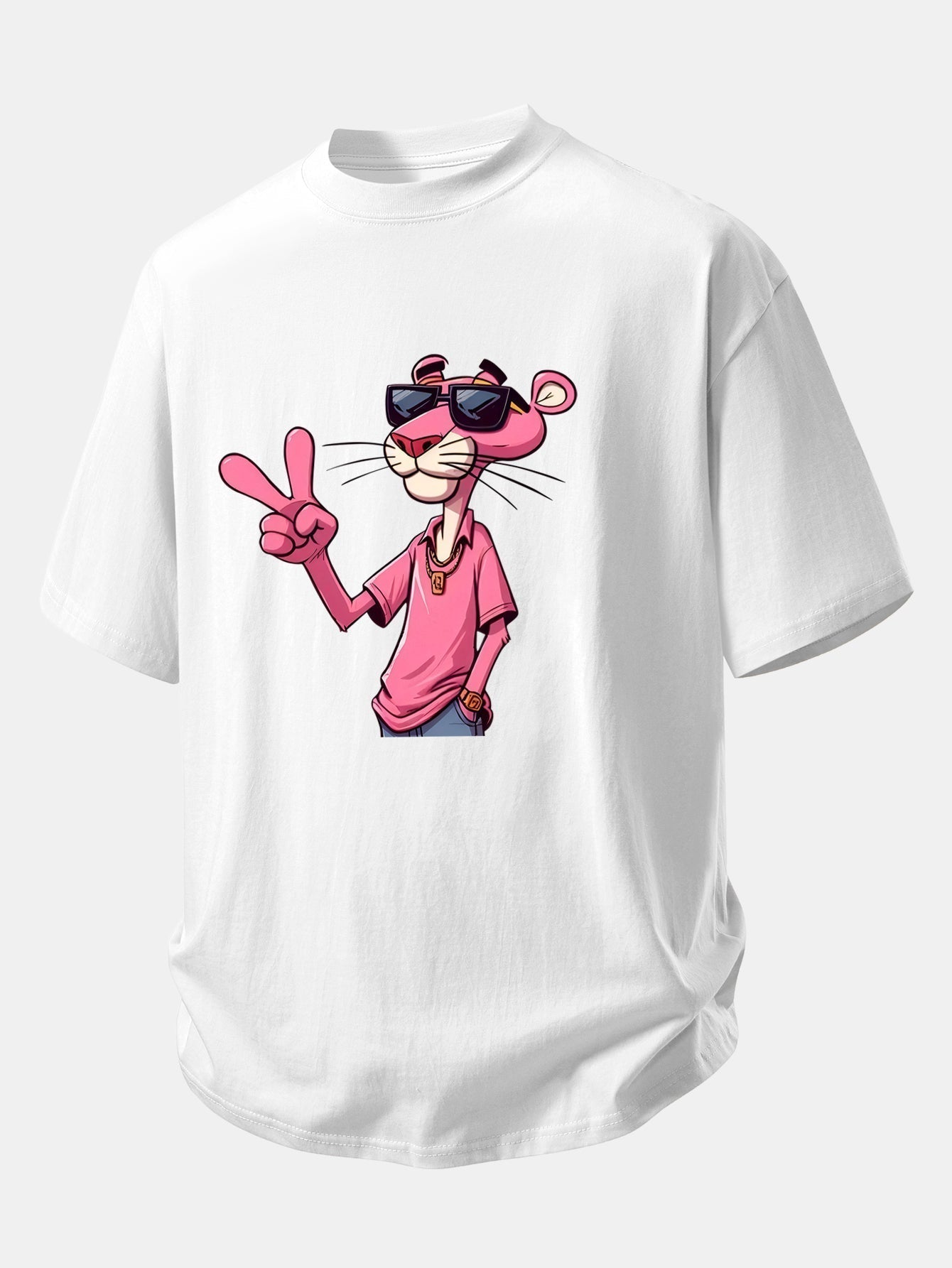 Relaxed Fit Cotton T-Shirt Featuring Pink Panther and V Sign Print