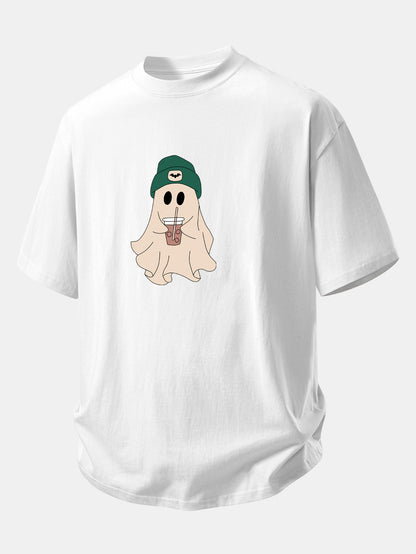 Relaxed Fit Dark Green Ghost Print Cotton T-Shirt & 7" Cotton Drawstring Shorts