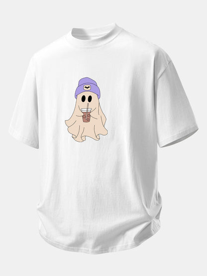 Relaxed Fit Purple Cotton T-Shirt with Ghost Print