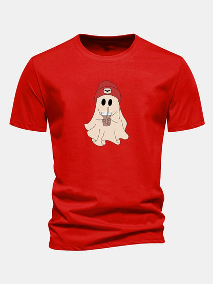 Classic Fit Red Cotton T-Shirt with Ghost Print