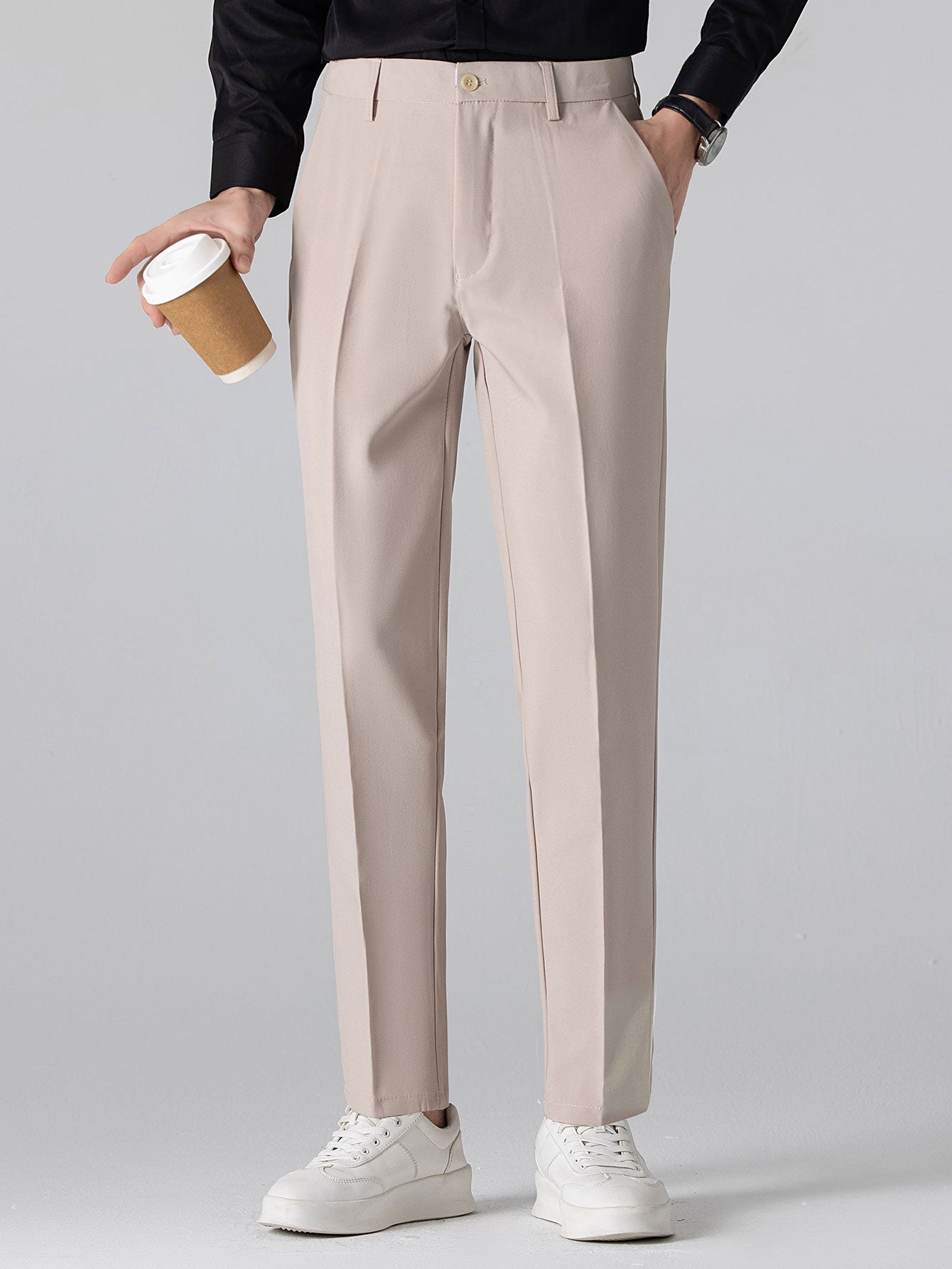 Ribbed Johnny Collar Knit Polo with Contrast Trim & Slim Fit Tapered Trousers