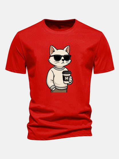 Classic Fit Cotton T-Shirt with Cat Coffee Print