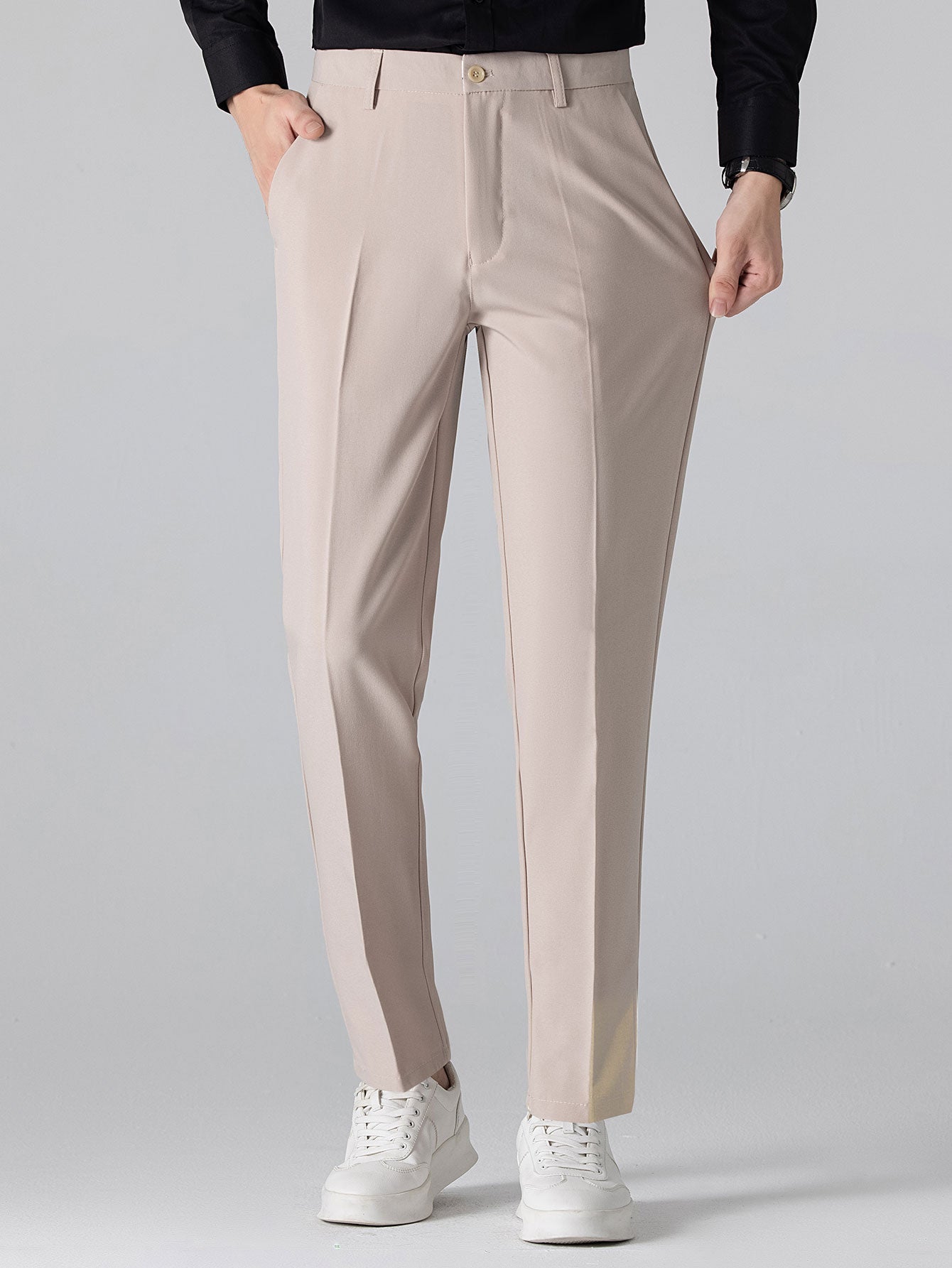 Ribbed Johnny Collar Knit Polo with Contrast Trim & Slim Fit Tapered Trousers