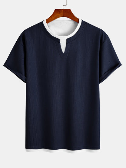 Comfortable 2-in-1 Waffle T-Shirt with Notched Collar