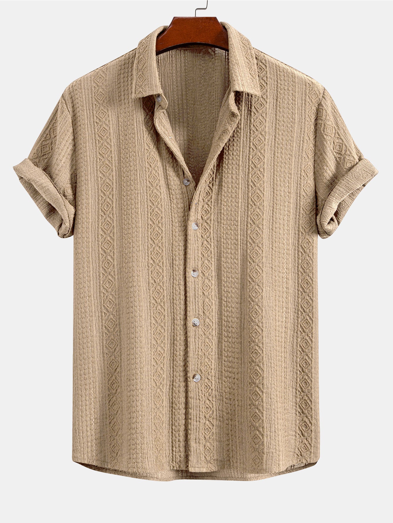 Geometric Jacquard Button-Up Shirt with Crinkle Textured Straight-Leg Pants