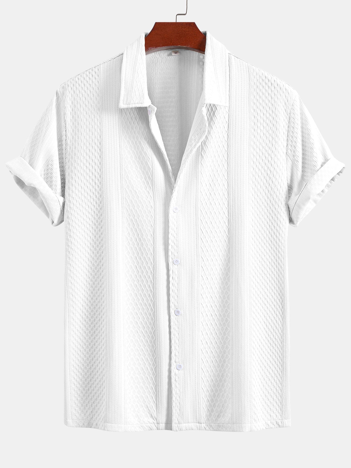 Geometric Jacquard Button-Up Shirt with Crinkle Textured Straight-Leg Pants