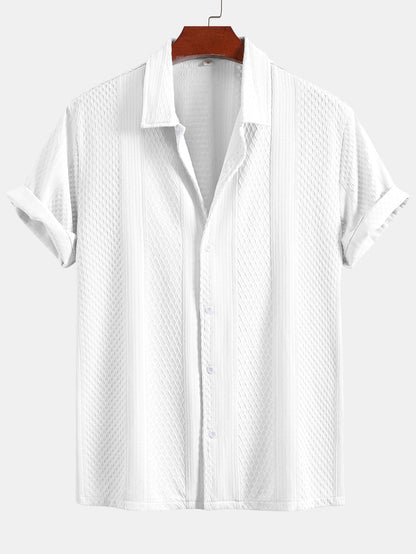 Geometric Jacquard Button-Up Shirt with Crinkle Textured Straight-Leg Pants