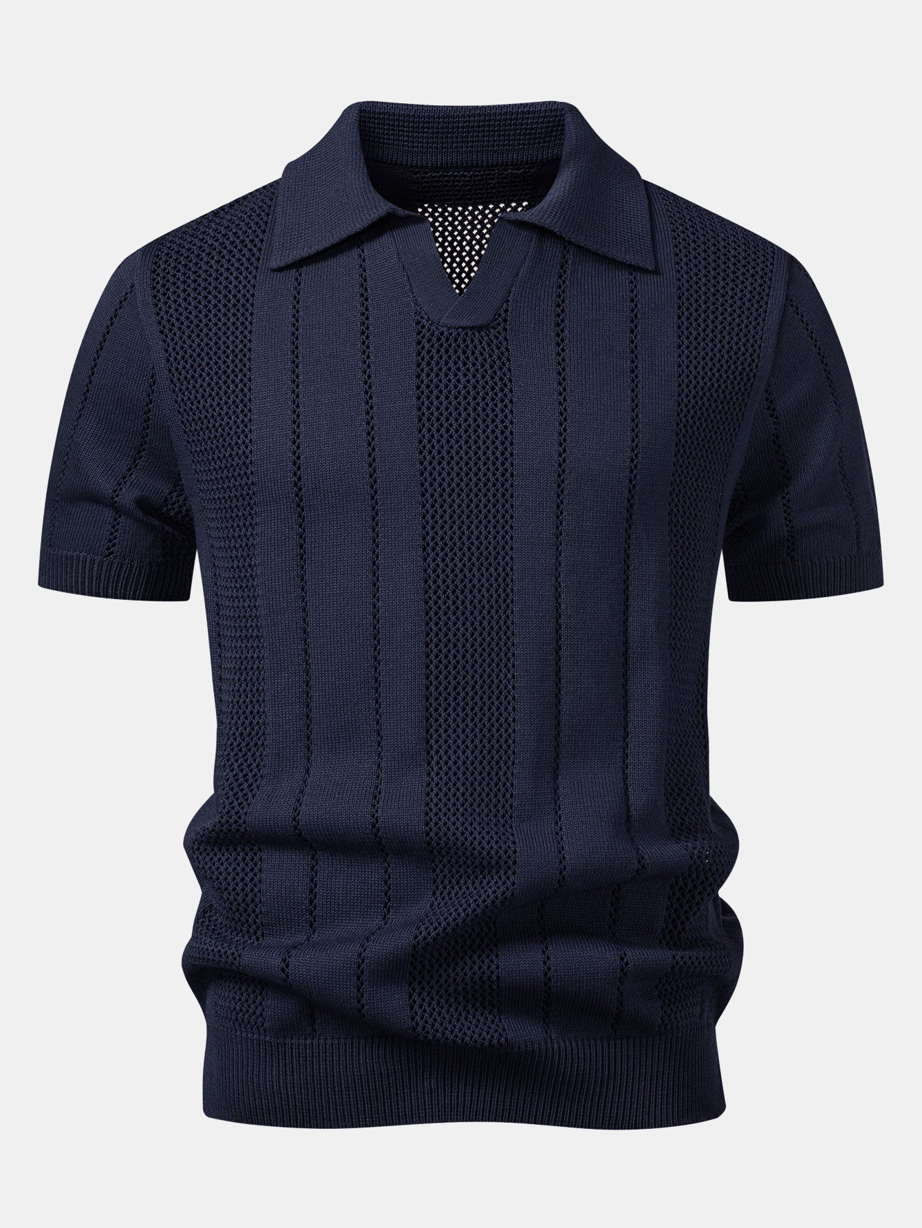 Johnny Collar Striped Knit Polo with Open Weave
