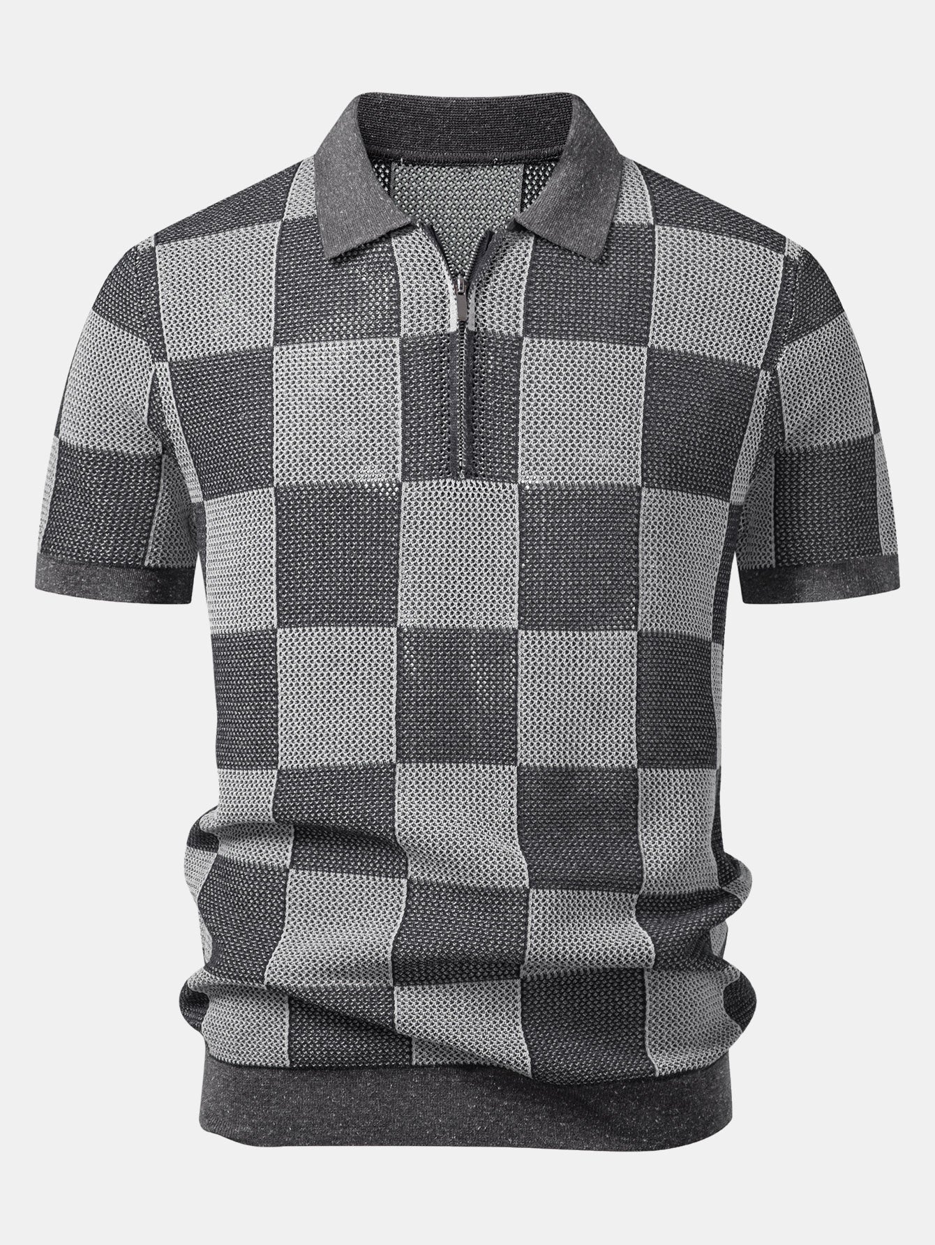 Crocheted Zipper Knit Polo with Checkerboard Design