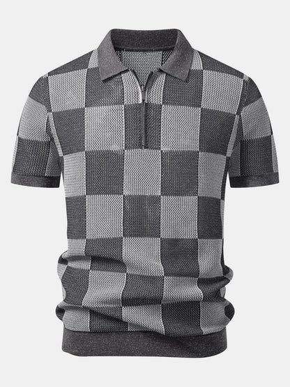 Crocheted Zipper Knit Polo with Checkerboard Design