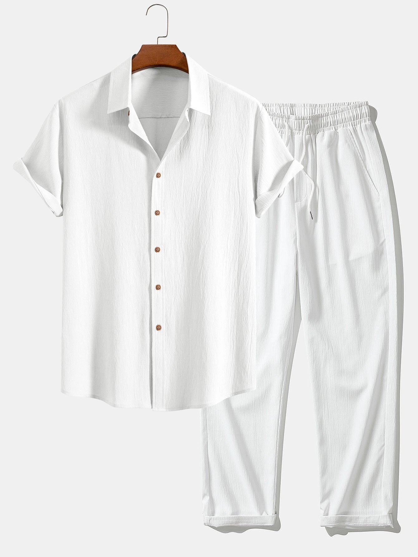 Textured Crinkle Button-Up Shirt with Straight-Leg Trousers