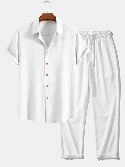 Textured Crinkle Button-Up Shirt with Straight-Leg Trousers