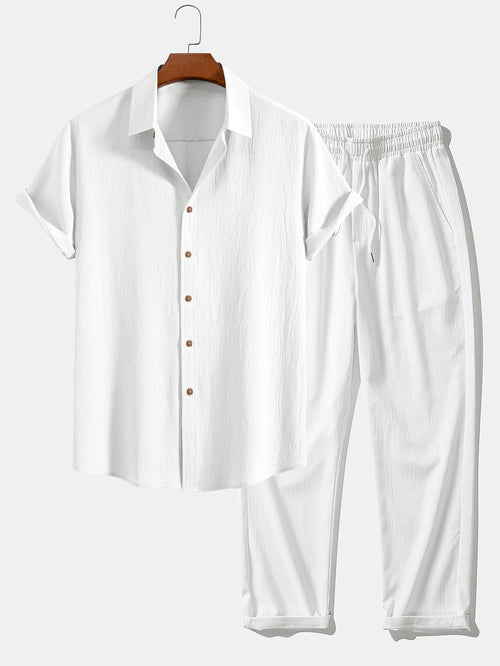 Textured Crinkle Button-Up Shirt with Straight-Leg Trousers