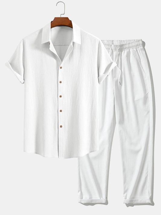 Textured Crinkle Button-Up Shirt with Straight-Leg Trousers