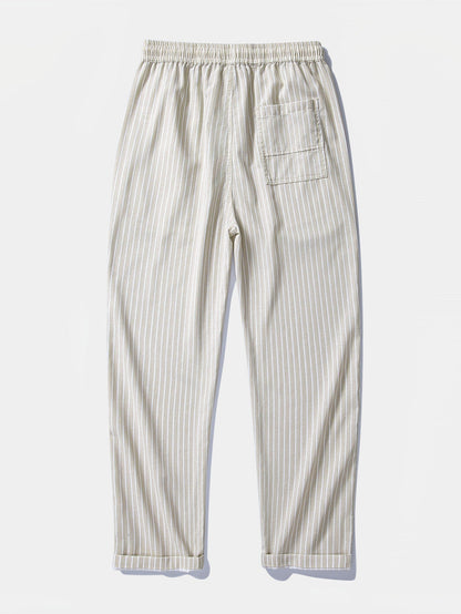 Linen-Rayon Blend Button-Up Shirt with Striped Straight-Leg Linen Pants