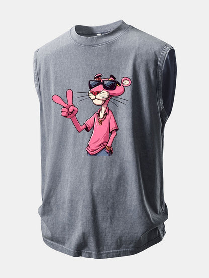 Distressed Washed Tank Top Featuring Pink Panther and V Sign Print