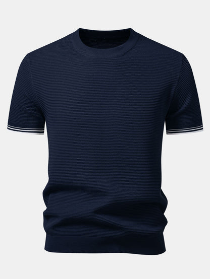 Ribbed Knit T-Shirt with Contrast Stripe Trim