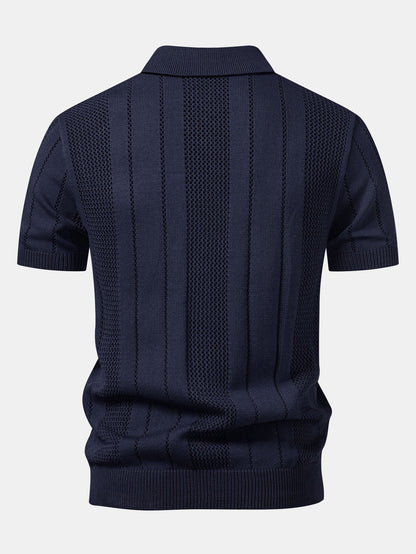 Johnny Collar Striped Knit Polo with Open Weave