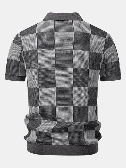 Crocheted Zipper Knit Polo with Checkerboard Design