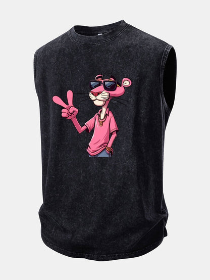 Distressed Washed Tank Top Featuring Pink Panther and V Sign Print