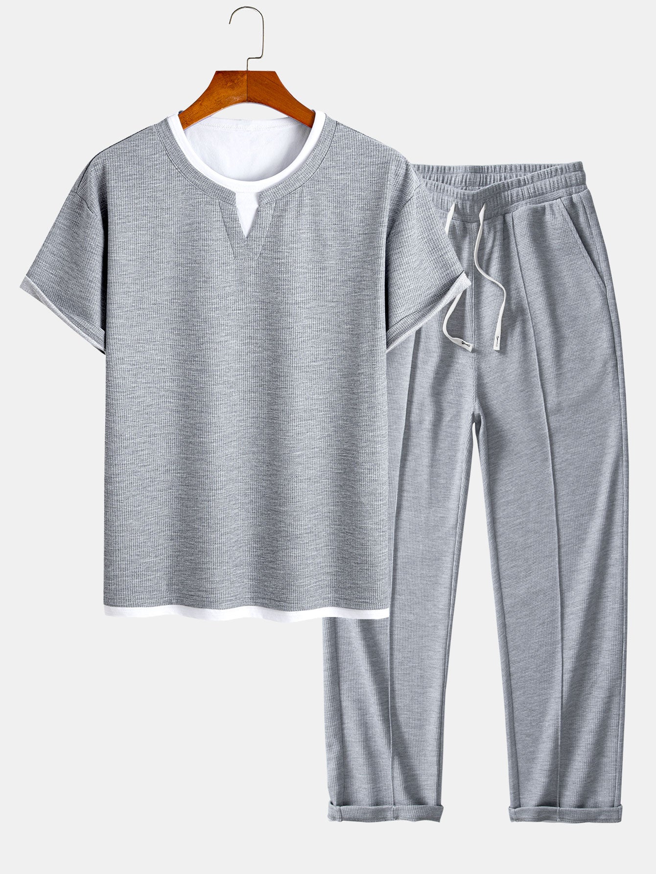 Comfortable 2-in-1 Notched Collar Waffle T-Shirt & Pleated Waffle Straight Leg Pants