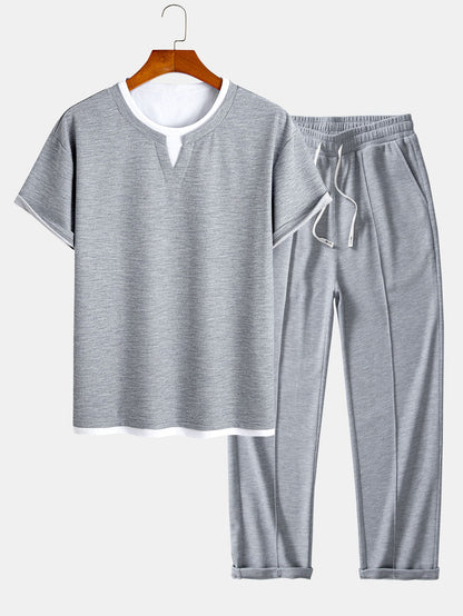 Comfortable 2-in-1 Notched Collar Waffle T-Shirt & Pleated Waffle Straight Leg Pants