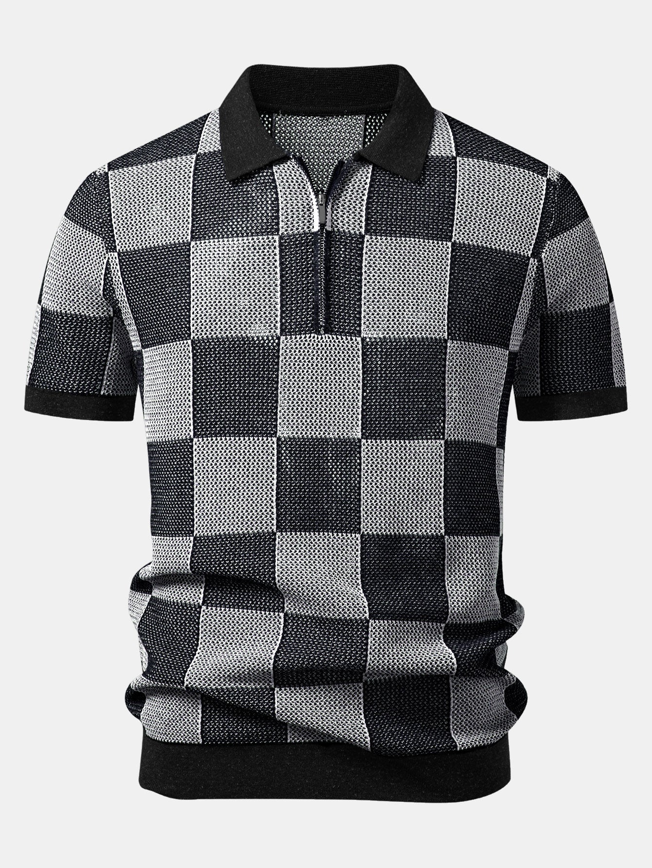 Crocheted Zipper Knit Polo with Checkerboard Design