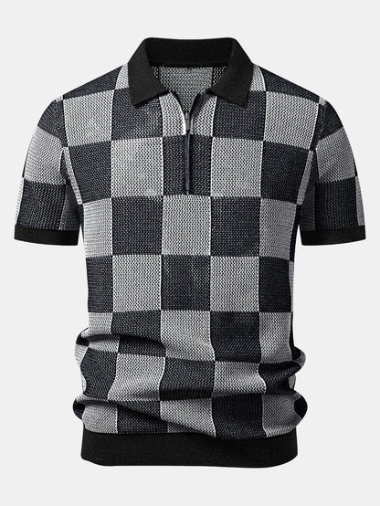 Crocheted Zipper Knit Polo with Checkerboard Design